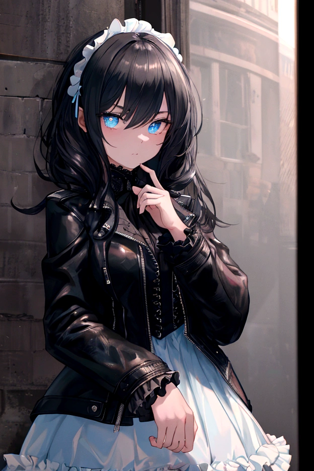 (black riders jacket:1.1), (masterpiece, best quality, pretty girl, beautiful face, 8k, raw photo, photorealistic, absurdres:1.2), s, cowboy shot, dutch angle, facelight, film grain, chromatic aberration, highres, ultra detailed, finely detail, light blue frilled lace dress, detailed skin and eyes and face, sharp pupils, realistic pupils, sharp focus, street