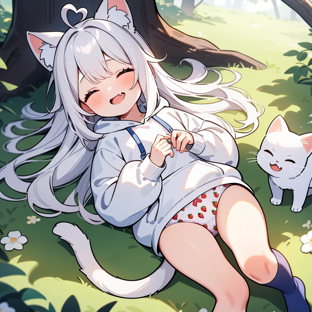 (masterpiece:1.2,high quality),8K,High resolution,A girl,cute girl,white hair,long hair,Sleeping,heart ahoge,cat ears,laughing,skin fang,saliva,Wear a white hoodie,no shorts,Strawberry pattern panties,Lying in the forest,There are flowering trees on both sides,primary school student,thigh,Calf,Blue socks,cat tail,alone,(Put your hands in your pockets)