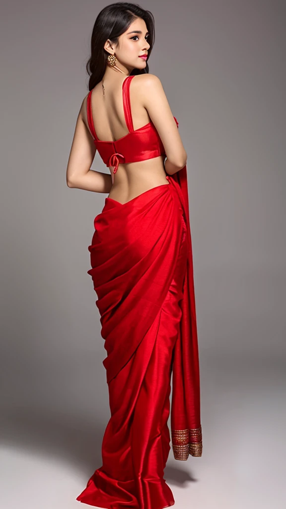 Red saree back pose round ass