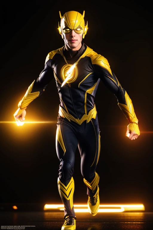 a reverse flash, tom cavanaugh, detailed face, intricate yellow costume, dynamic pose, running, speedforce energy, vibrant colors, dramatic lighting, cinematic composition, stylized 3d render, high resolution, photorealistic, detailed textures, cinematic atmosphere, dark and moody lighting, epic scale, ultra-detailed