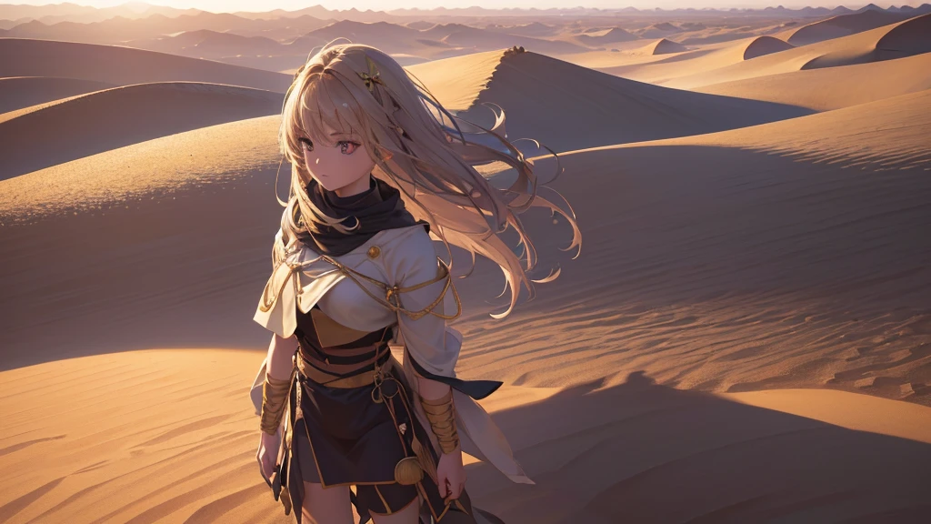 a beautiful anime girl in the middle of a vast desert, (best quality,4k,8k,highres,masterpiece:1.2),ultra-detailed,(realistic,photorealistic,photo-realistic:1.37),extremely detailed eyes and face,longeyelashes,desert landscape, dramatic lighting, dramatic shadows, warm color palette, sand dunes, cactus, blowing wind, mystical atmosphere
