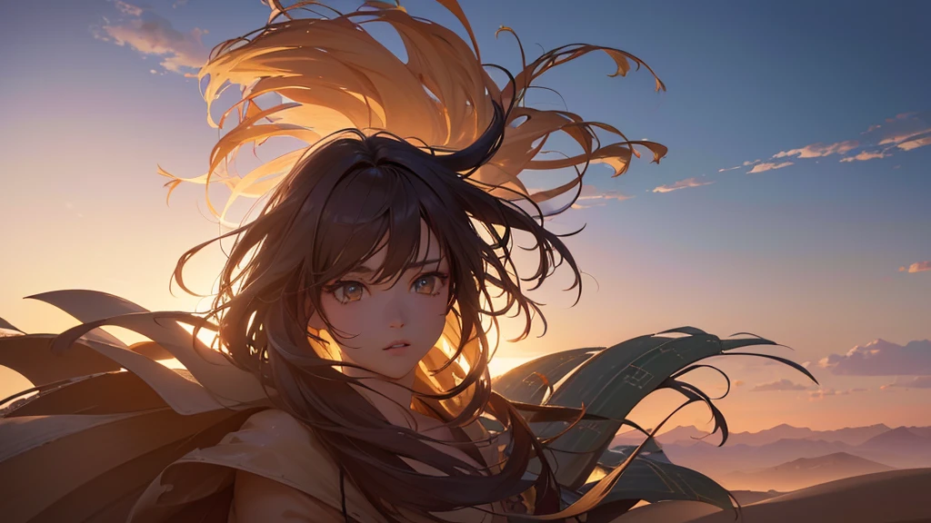 a beautiful anime girl in the middle of a vast desert, (best quality,4k,8k,highres,masterpiece:1.2),ultra-detailed,(realistic,photorealistic,photo-realistic:1.37),extremely detailed eyes and face,longeyelashes,desert landscape, dramatic lighting, dramatic shadows, warm color palette, sand dunes, cactus, blowing wind, mystical atmosphere
