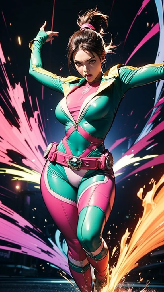 Solo, A brave and courageous image of a 6 member ranger team, Each one is decorated in vibrant colors such as:: ((Pink)), red is front of center, violet, Green, yellow, blue black, white,. Dynamic poses in a background that exudes energy and courage, neon, fire, plasma, Fluorescent, shocking, pink big bomber, splashing pink, running, fighting pose, action pose, Embodying the essence of the classic Sentai superhero team. Each Ranger:: The attire is sophisticated and modern, Each color has elements that reflect its theme., Ready for action. ((Camel Toe)), weapons, in sunset background , in cinematic lighting, cover art mixed cinema poster style,