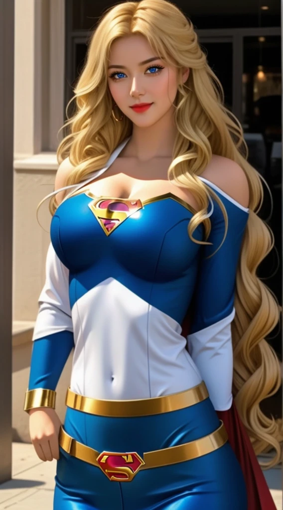 Thick White women with curly blonde hair with blue eyes as super girl 