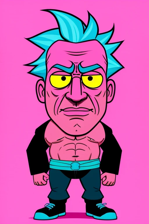 rick sanchez with bright "pink skin color" and huge muscles that's on a boat he also wears a black bandana around his face. rick sanchez sucks and he also means nothing we hate him hes too good at the game "gangbeast" pink skin, has pink skin, pink everywhere all over PNIKKKKKK PNIK PAINT. covered in pink paint. pink rick is also vary fat so fat and he sucks.