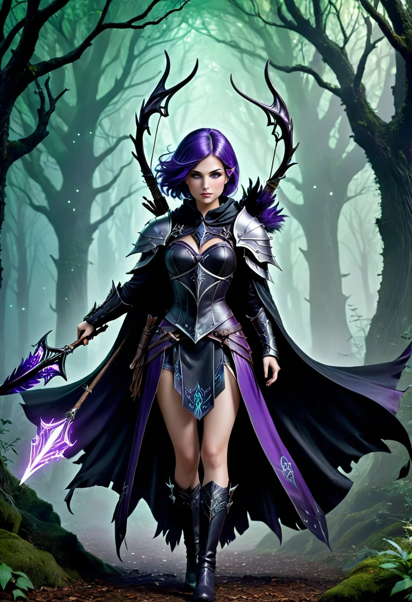 Necromancer Archer Figure: A female archer, slim and athletic, with a dark yet elegant aura.hair: Her short hair is a mix of blonde and purple, perhaps with flowing transitions or ombre effect, slightly wavy and fall over her shoulders.eyes: Your eyes glow in an unnatural green or an icy blue, a reference to her necromantic abilities.attire: She wears a combination of medieval armor and magical robes. Dark, Leather armor decorated with runes covers her upper body and arms. Under the armor she wears a black, slightly torn cloak, fluttering in the wind.arch: Her arch consists of a dark, enchanted wood, decorated with silver or luminous symbols. The arch radiates an eerie energy.Arrows: The arrows in her quiver also have a magical effect, with black feathers and tips, which are surrounded by a dark aura.backdrop: The backdrop could be a dark forest or a dilapidated, show foggy landscape, which enhances the mystical and threatening atmosphere.short Purple hair
