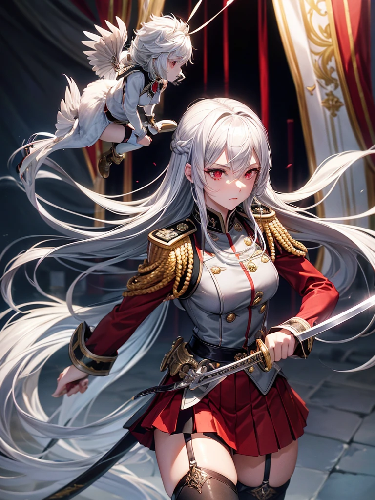 silver hair girl, red eyes, medium breasts, sexy body, military uniform ((detail)), carrying a sword, graceful position ((gallant)), ((Royal background)), With ((mini skirt and stockings))