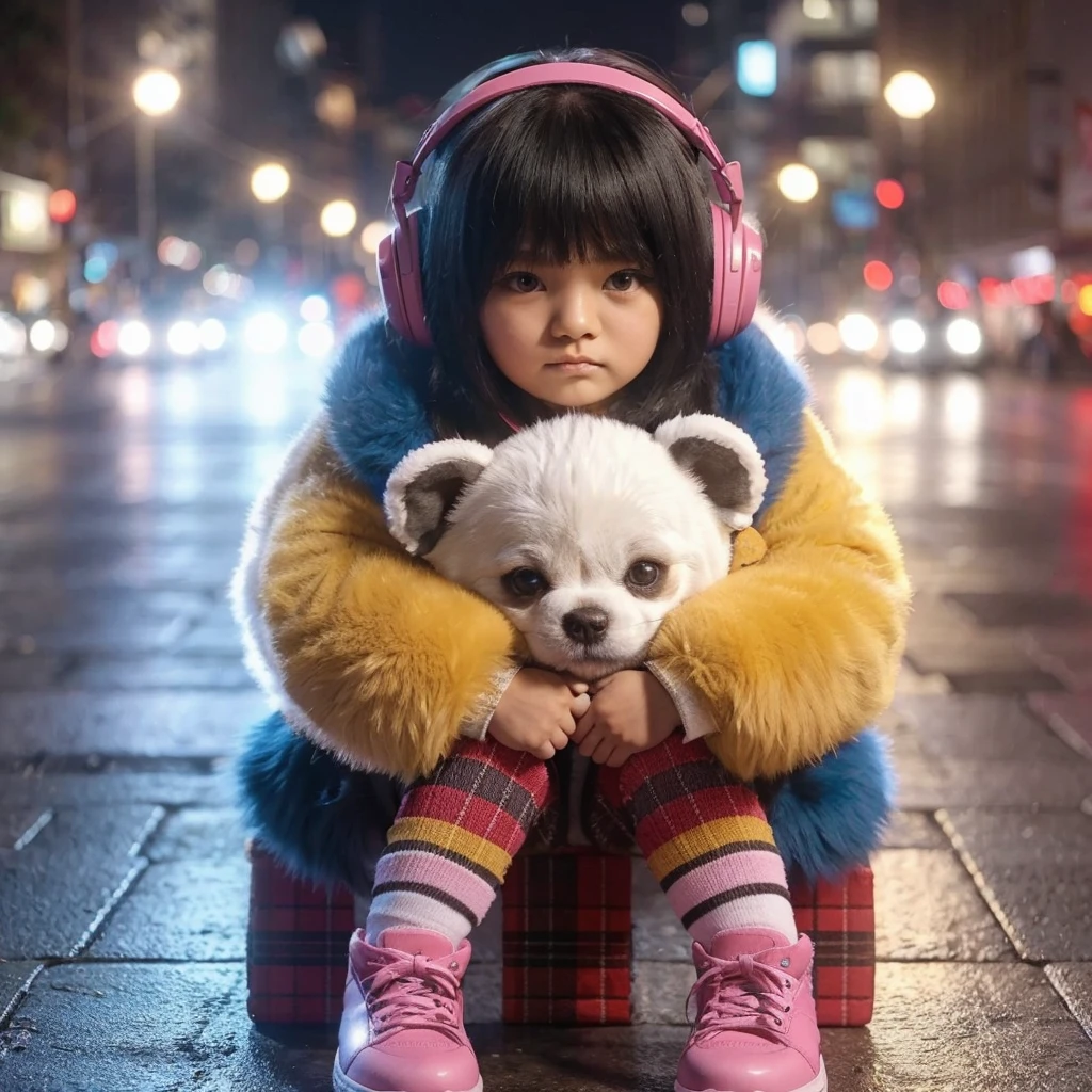 realistis 4d anak gadis kulit realistis rambut hitam yang mengenakan jaket berbulu tebal warna kuning biru, sepatu pink, rok merah kotak kotak, duduk di jalan kota pada malam hari. Anak tersebut harus memakai headphone, memegang boneka anjing besar dengan dua tangan. Latar belakang harus cerah dengan lampu kota yang buram, memberikan suasana dinamis dan penuh warna pada pemandangan. kuwalitas gambar super detail,