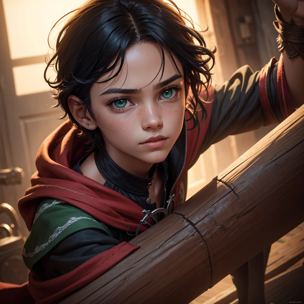 14 year old boy, mischievous with red skin, cute, playful, black hair, green eyes, sharp teeth, sharp tail, small horns, tattered clothes, (best quality,4k,8k,highres,masterpiece:1.2),ultra-detailed,(realistic,photorealistic,photo-realistic:1.37),fantasy,digital painting,extremely detailed face and eyes,detailed portrait,intricate details,cinematic lighting,warm color tones,vibrant colors,dynamic composition