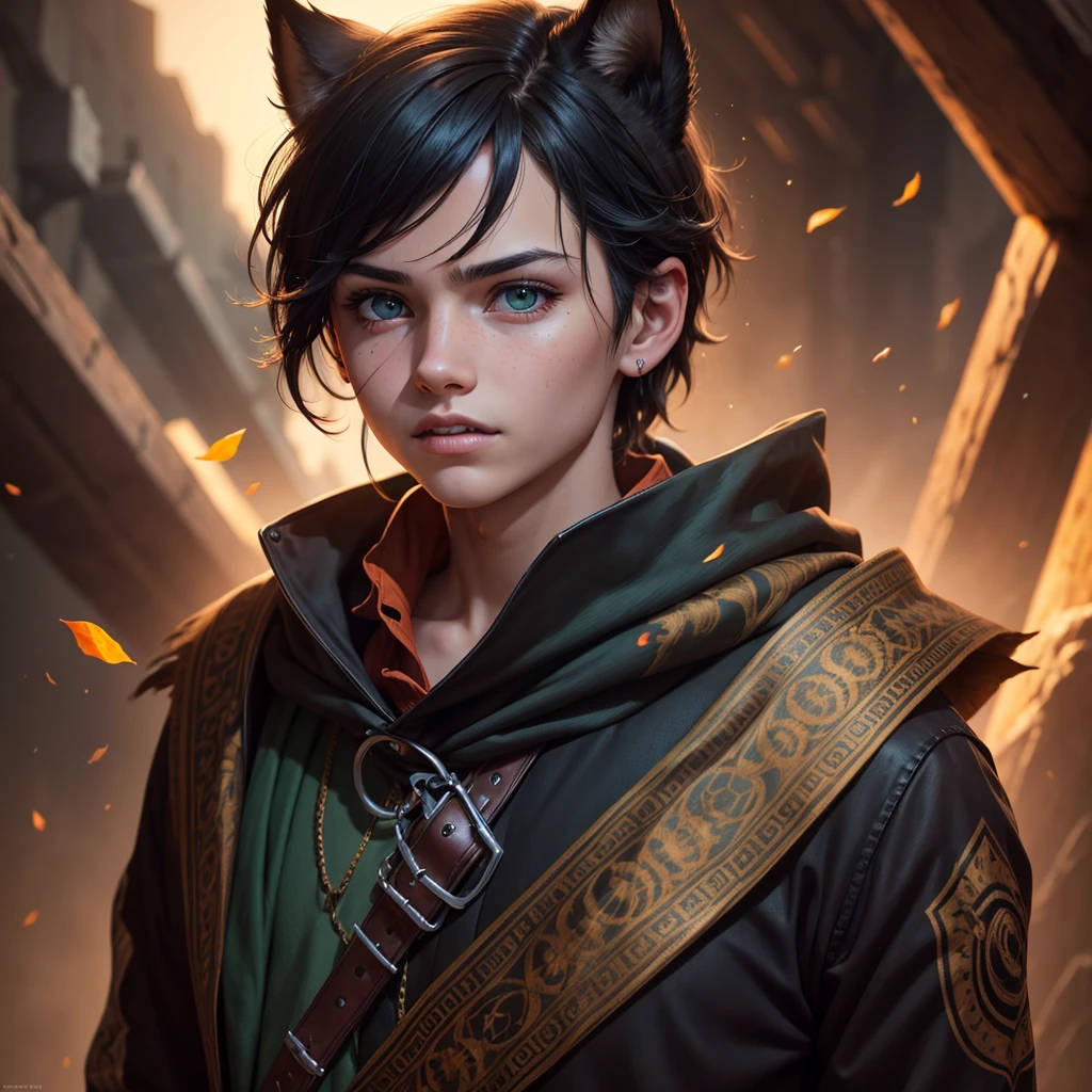  boy, mischievous with red skin, cute, playful, black hair, green eyes, sharp teeth, sharp tail, small horns, tattered clothes, (best quality,4k,8k,highres,masterpiece:1.2),ultra-detailed,(realistic,photorealistic,photo-realistic:1.37),fantasy,digital painting,extremely detailed face and eyes,detailed portrait,intricate details,cinematic lighting,warm color tones,vibrant colors,dynamic composition