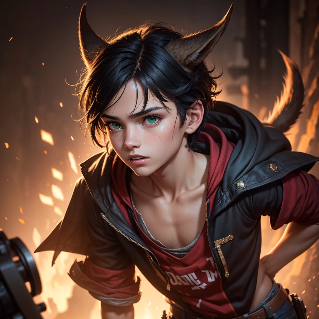 14 year old boy, mischievous with red skin, cute, playful, black hair, green eyes, sharp teeth, sharp tail, small horns, tattered clothes, (best quality,4k,8k,highres,masterpiece:1.2),ultra-detailed,(realistic,photorealistic,photo-realistic:1.37),fantasy,digital painting,extremely detailed face and eyes,detailed portrait,intricate details,cinematic lighting,warm color tones,vibrant colors,dynamic composition
