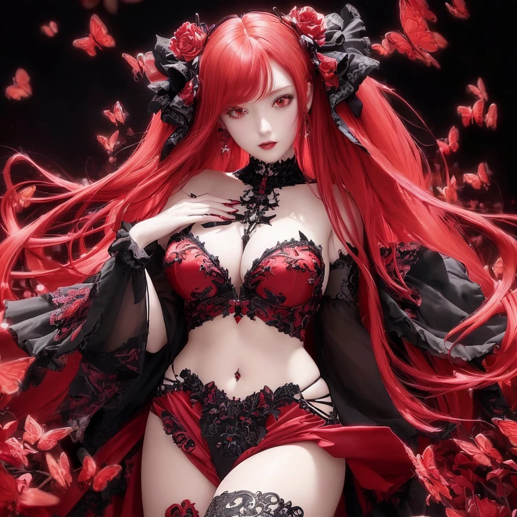 a woman with long red hair and a red dress is posing in front of butterflies, gothic maiden anime girl, High-quality, detailed artwork in 8K, intricate ornate anime cgi style, beautiful seductive anime woman, beautiful fantasy anime, seductive anime girl, Anime goddess, shadowverse style, detailed anime digital art, Beautiful Anime Woman, detailed anime art, detailed anime artwork