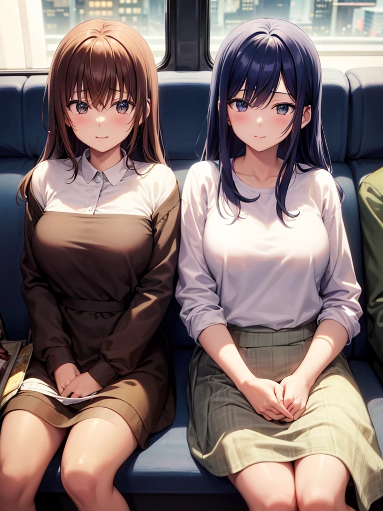 "An anime-style scene featuring Gojou Wakana and Marin Kitagawa from 'My Dress-Up Darling' sitting together on a metro seat. Gojou is wearing his , looking slightly shy but happy, while Marin is dressed in her stylish, casual outfit, smiling brightly. The metro car is modern, with large windows showing a bustling cityscape outside. The lighting inside the car is soft and warm, creating a cozy atmosphere. Include details like other passengers in the background, subtle reflections in the windows, and Gojou holding a small shopping bag with cosplay materials. The overall scene should convey a sense of friendship and a moment of relaxation in their busy life