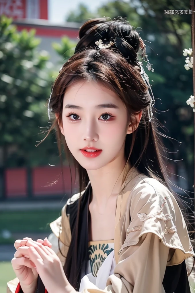 halfbody of 1girl,  (8k, best quality, masterpiece), (realistic, photo-realistic:1.37), hanfu clothes, cute and innocent, Two fingers up pose, with long beautiful fingers shape, ultra-detailed