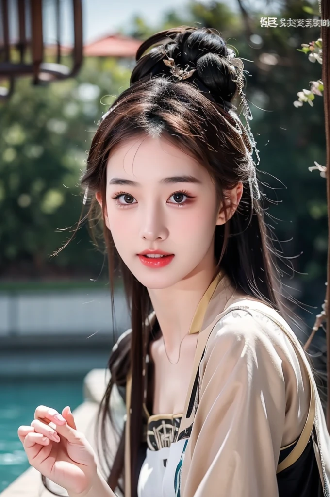 halfbody of 1girl,  (8k, best quality, masterpiece), (realistic, photo-realistic:1.37), hanfu clothes, cute and innocent, Two fingers up pose, with long beautiful fingers shape, ultra-detailed