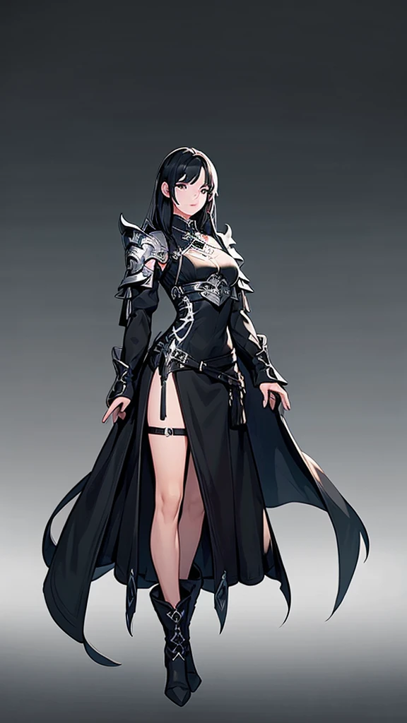 game design，beautiful, best quality,1 Girl, Looking at the audience, Female Warrior，detail，（DNF） ((Strong contrast)),，Wearing a black dress，boots，White long hair。（（White background））Standing posture。