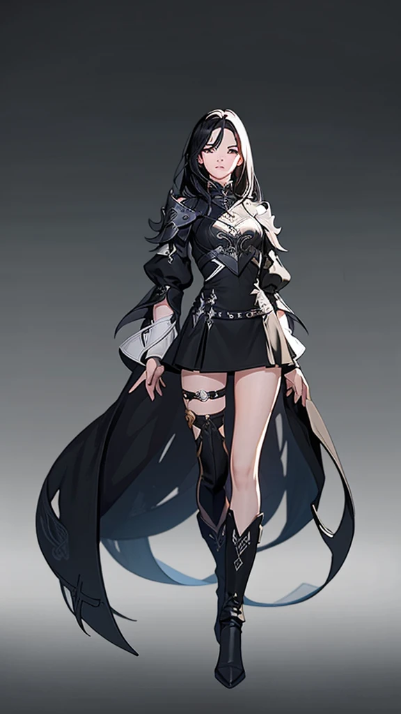 game design，beautiful, best quality,1 Girl, Looking at the audience, Female Warrior，detail，（DNF） ((Strong contrast)),，Wearing a black dress，boots，White long hair。（（White background））Standing posture。