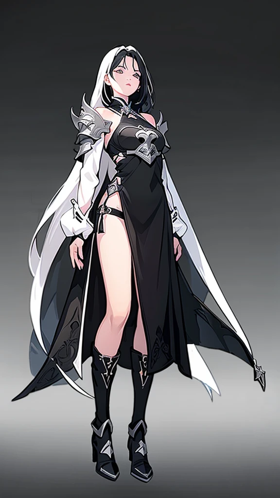 game design，beautiful, best quality,1 Girl, Looking at the audience, Female Warrior，detail，（DNF） ((Strong contrast)),，Wearing a black dress，boots，White long hair。（（White background））Standing posture。