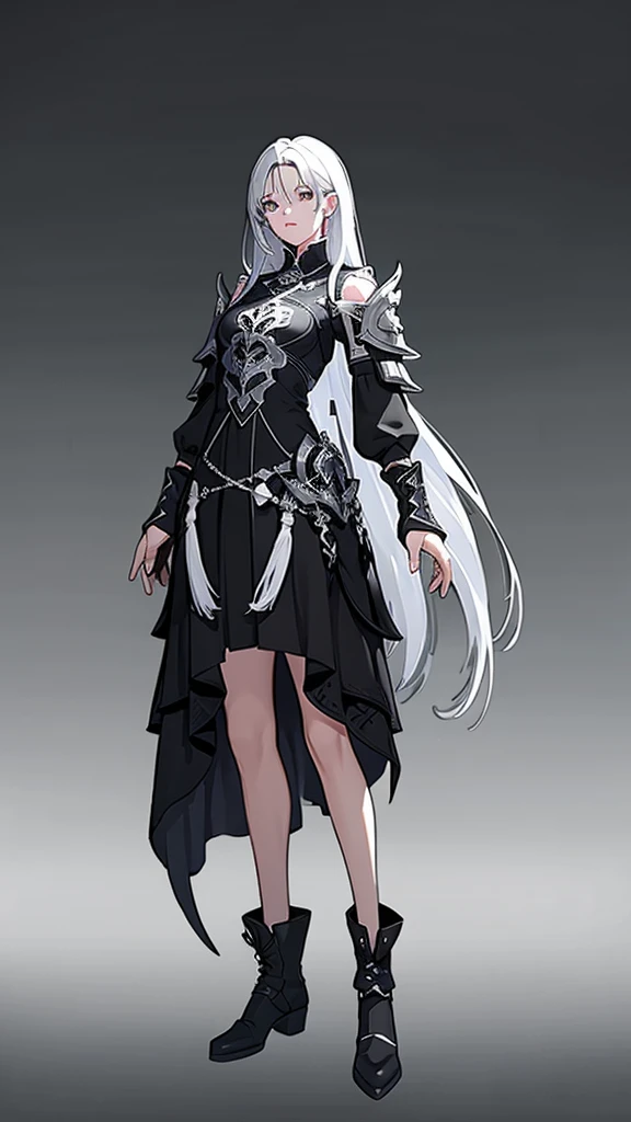 game design，beautiful, best quality,1 Girl, Looking at the audience, Female Warrior，detail，（DNF） ((Strong contrast)),，Wearing a black dress，boots，White long hair。（（White background））Standing posture。