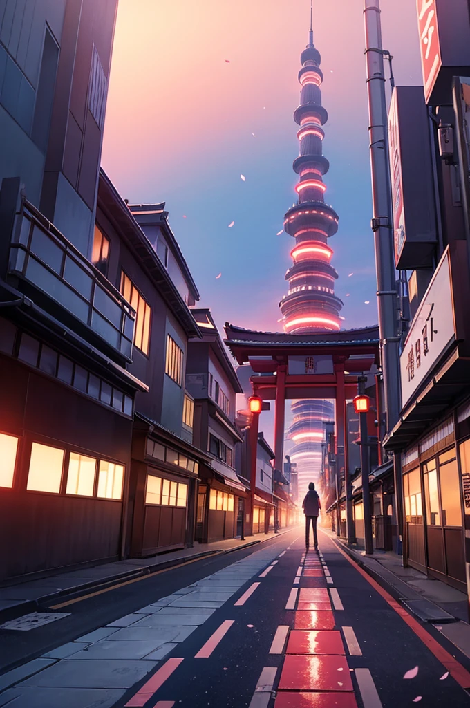 (masterpiece:1.2), best quality, midjourney, no person just background, japanese futuristic city, sunset with bleeding lights, sakura blossoms floating in the sky

