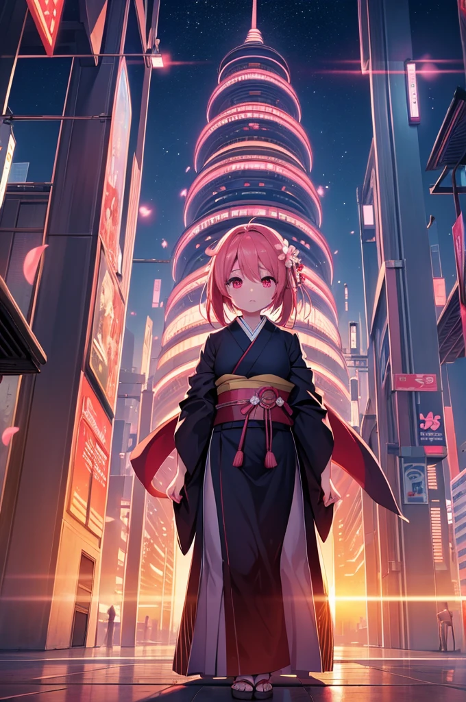 (masterpiece:1.2), best quality, midjourney, no person just background, japanese futuristic city, sunset with bleeding lights, sakura blossoms floating in the sky
