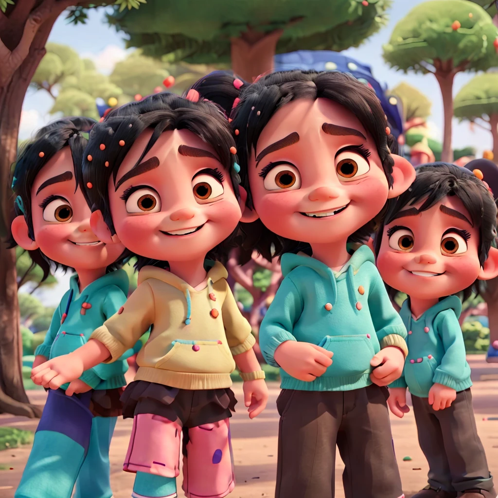 draws two children from 3 to 6  playing together in a park. Children should wear brightly colored clothes and smile. The style similar to that of Disney Pixar.