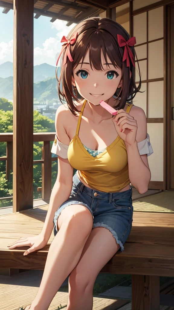 CG, Unity, 8K, wallpaper, Highest quality, masterpiece, Amami Haruka, (smile: 1.2), Sit on the veranda, Yellow Camisole BREAK Denim Shorts, barefoot, Thighs, Best lighting, Complex pupil, Complex weaving, Detailed Background, Japanese countryside scenery, She holds a popsicle in her hand and points it at the viewer..