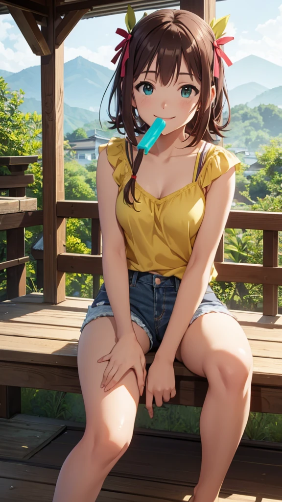CG, Unity, 8K, wallpaper, Highest quality, masterpiece, Amami Haruka, (smile: 1.2), Sit on the veranda, Yellow Camisole BREAK Denim Shorts, barefoot, Thighs, Best lighting, Complex pupil, Complex weaving, Detailed Background, Japanese countryside scenery, She holds a popsicle in her hand and points it at the viewer..