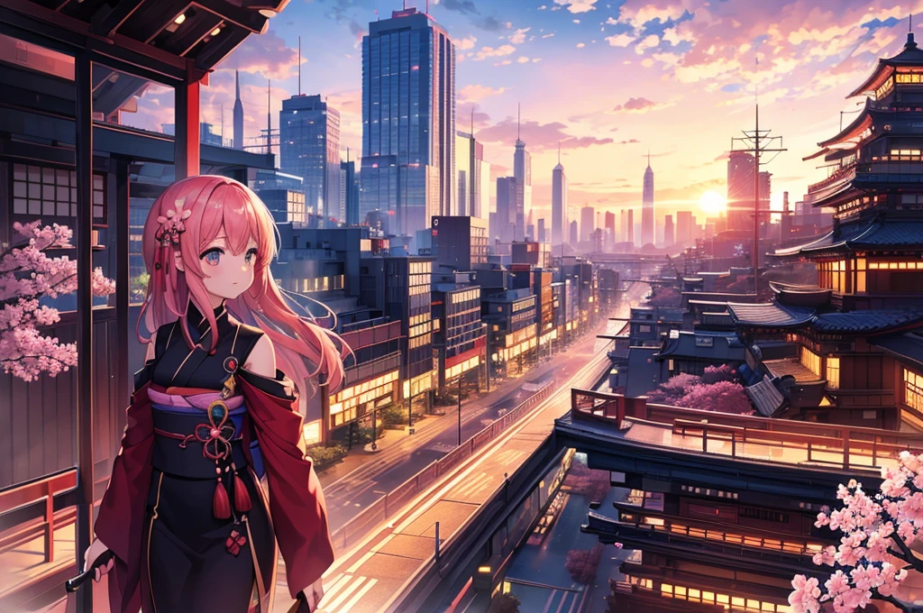 (masterpiece:1.2), best quality, midjourney, no person just background, japanese futuristic city, sunset with bleeding lights, sakura blossoms floating in the sky
