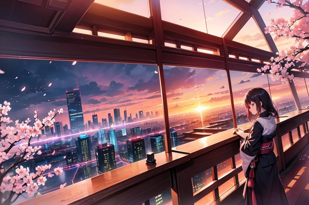 (masterpiece:1.2), best quality, midjourney, no person just background, japanese futuristic city, sunset with bleeding lights, sakura blossoms floating in the sky
