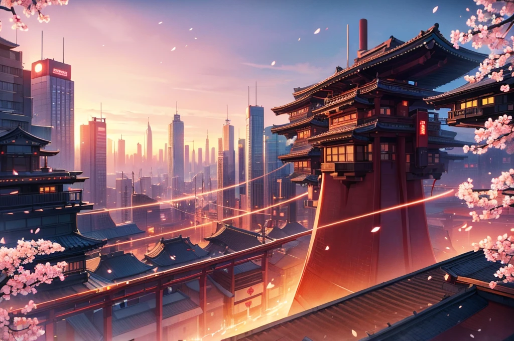 (masterpiece:1.2), best quality, midjourney, no person just background, japanese futuristic city, sunset with bleeding lights, sakura blossoms floating in the sky