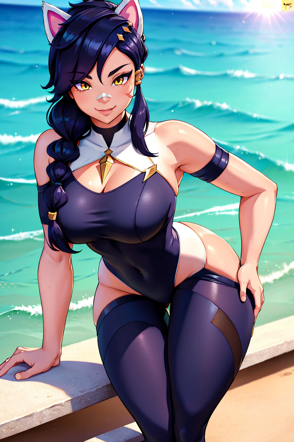 Erisa, 1girl, solo, long hair, looking at viewer, black hair, bandaid on face, yellow eyes, animal ears, smile, bandaid on nose, braid, cat ears, bandaid, bangs, breasts, fake animal ears, simple background, fang, bare shoulders, scar, bare shoulders, closed mouth, hair over one eye, portrait, hair over shoulder, legs, seductive, bathing suit, 2 piece swimsuit, beach, realistic, highly detailed face, detailed eyes, best quality, masterpiece, ultra detail, ultra high res, extreme detail, 8k, uhd, voluptuous, curvy, thick thighs, milf, butt, ass, round ass, from behind