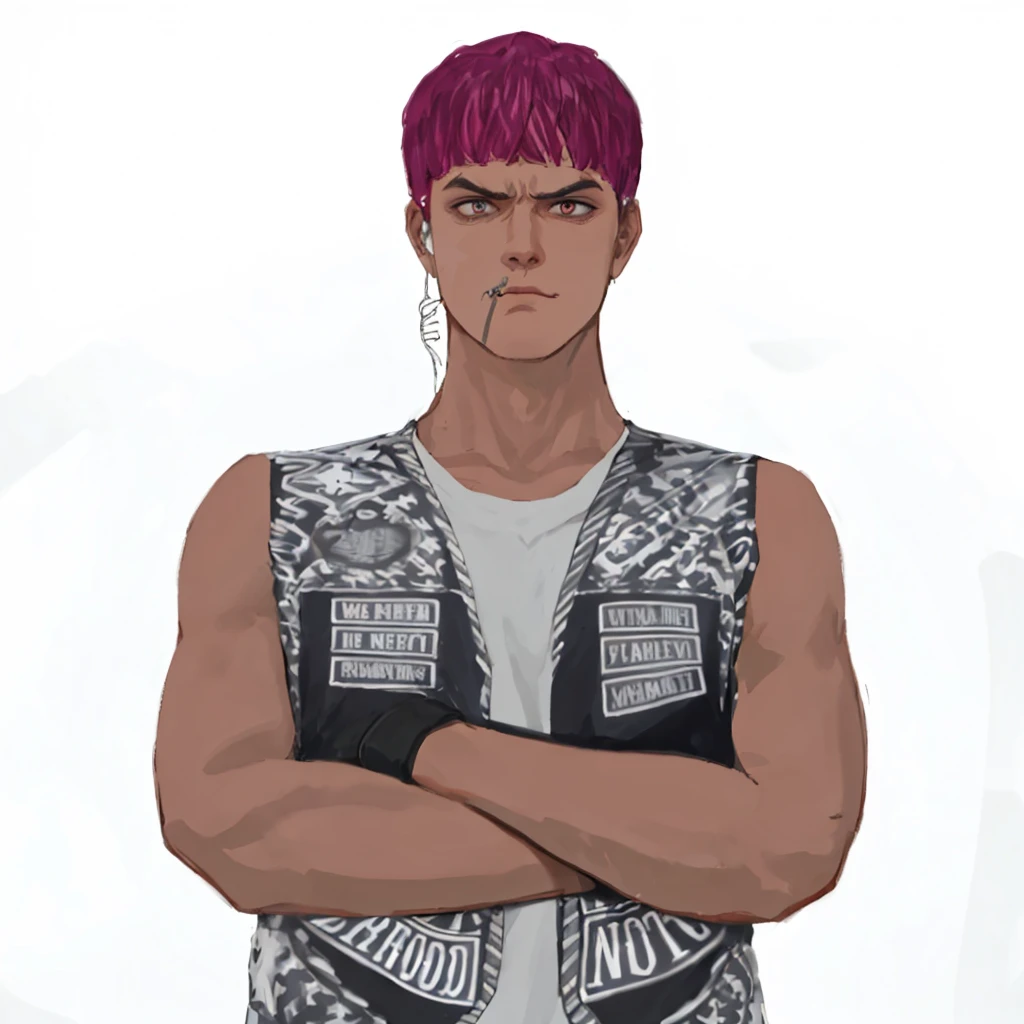 (masterpiece:1.2, best quality), (1men, solo, upper body:1.2),angry face,Hair: buzz cut, Clothing: oversized, distressed denim jacket with patches and pins, paired with black skinny jeans and combat boots, Hanging out in an underground music venue or street art exhibit