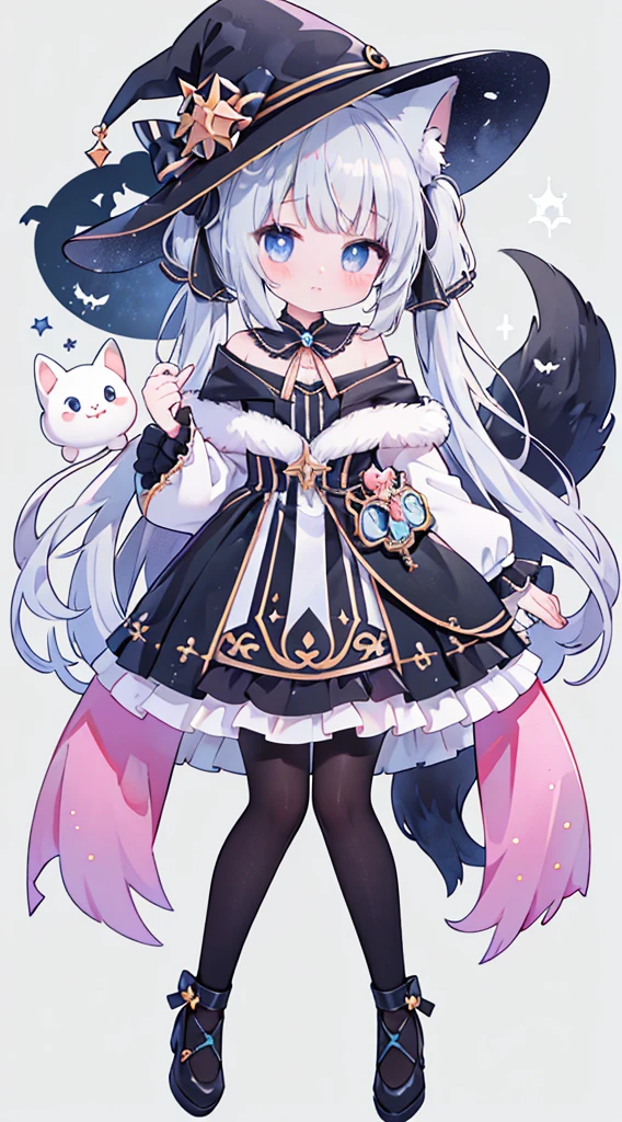 female、Angel costume,angel hall,Wizard,light blue eyes、Wear Mary Jane shoes,The shoes have a pair of small wings.,There is a talisman paper on the head,bijouterie,Pose for a photo,long hair、twintail hair,canine,shy,blush,Hot,Halloween,shooting star background、masterpiece、Best image quality、top quality、Witch Suit、witch hat、超long hair,fox ears,gray hair,(Black pantyhose),blue eyes、exquisite eyes、Beautiful girl、Chubby cheeks、Cute dress、puffy sleeves、Ruffled skirt、pink ribbon、cute、change、black leg ring,off shoulder strap changeta,