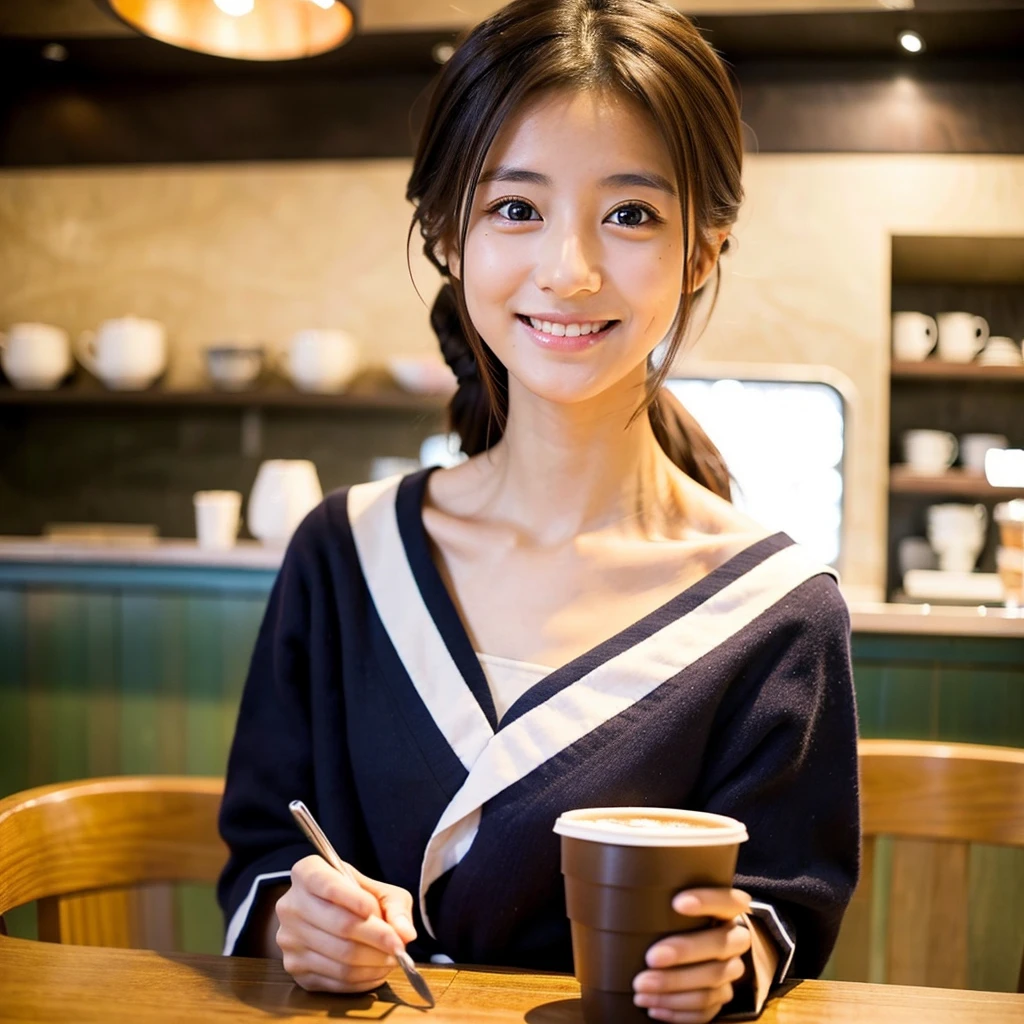 One girl,  alone, Hand on bed phone，Smileみ,  (Super Masterpiece), (Realistic), (Ultra fine), (beautiful),  Studying in a coffee shop, とてもbeautifulLong face顔, Japanese Model, clavicle, Big eyes, Black brown hair, Smile, Full body photo, Long face, Sailor suit girl, I&#39;m playing the betphone