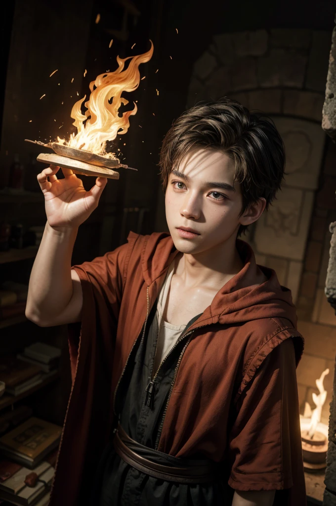 1 boy, fire mage, wizard&#39;s hood, holding a wizard&#39;s staff, bonitas