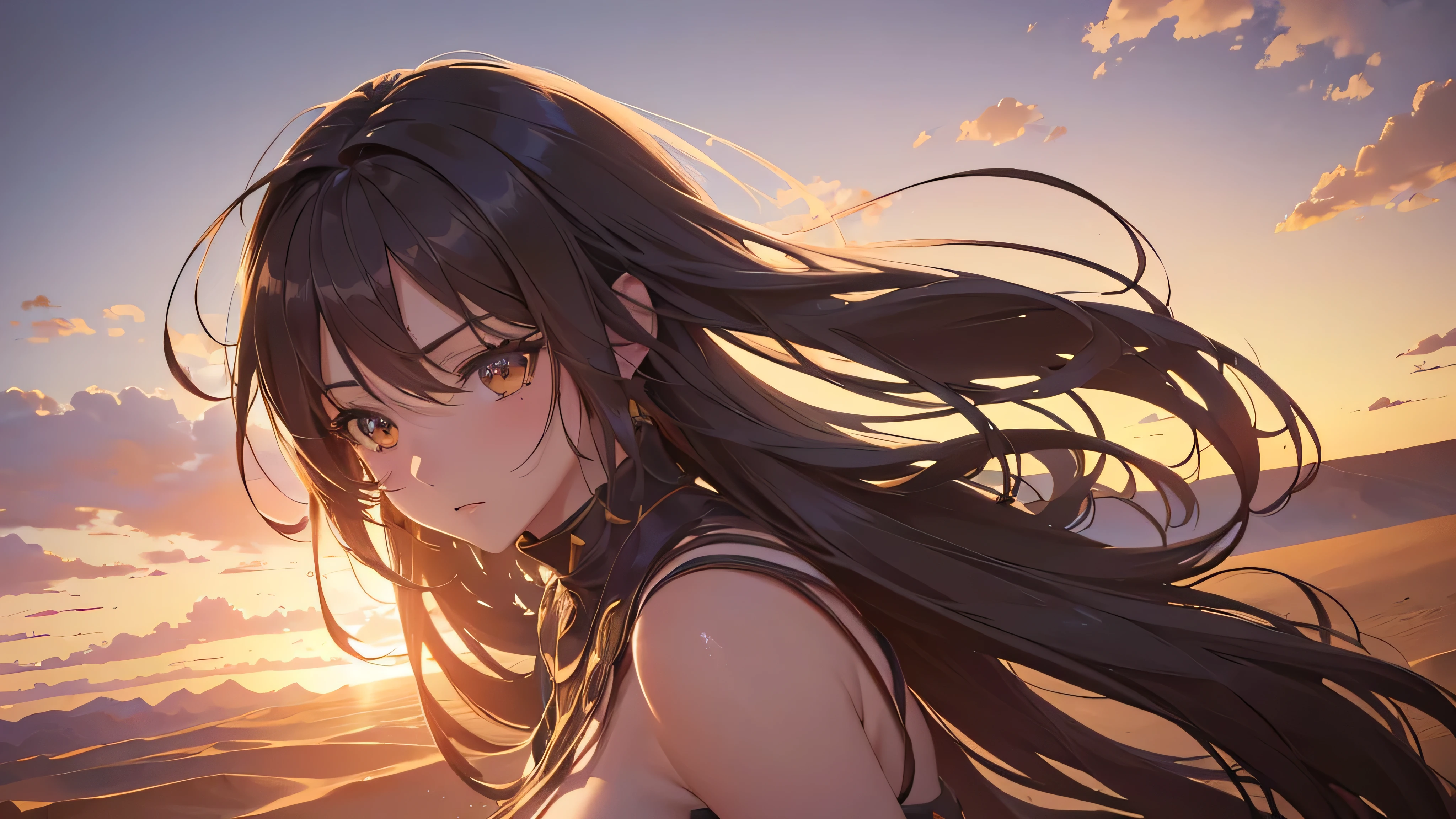 a beautiful anime girl in the middle of a vast desert, (best quality,4k,8k,highres,masterpiece:1.2),ultra-detailed,(realistic,photorealistic,photo-realistic:1.37),extremely detailed eyes and face,longeyelashes,desert landscape, dramatic lighting, dramatic shadows, warm color palette, sand dunes, cactus, blowing wind, mystical atmosphere
