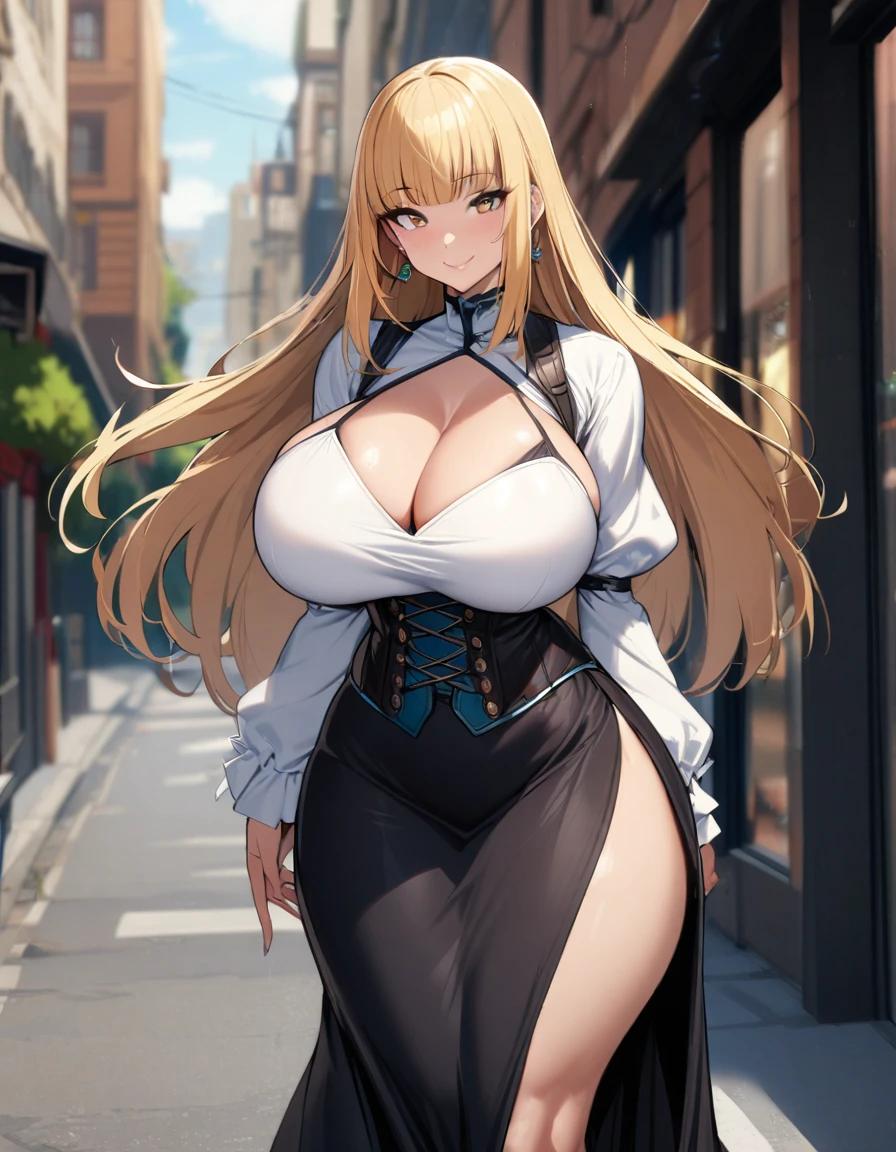 1girl,solo,blonde hair color,long hair,hime cut,light brown eyes,corset, long skirt,earrings,huge breasts,Whipped thighs,slender,near,street background,SFW,perfect,high quality,faultless,smile