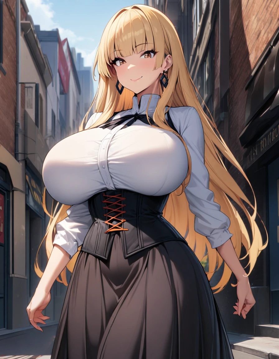 1girl,solo,blonde hair color,long hair,hime cut,light brown eyes,corset, long skirt,earrings,huge breasts,Whipped thighs,slender,near,street background,SFW,perfect,high quality,faultless,smile