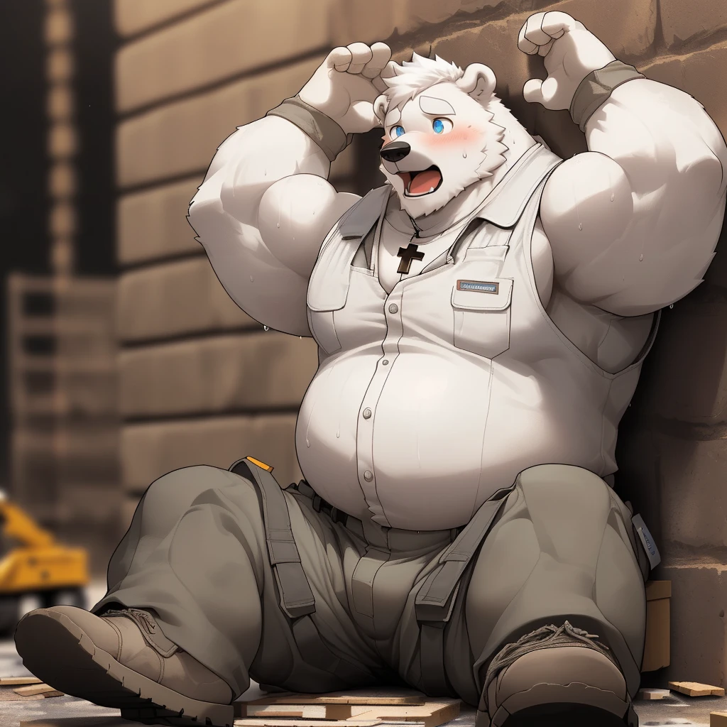 masterpiece, best quality, 8k resolution, Very detailed, hairy，(((polar bear))，(((Mature)))，(((Blue Eyes))，(((beard))),(((Strong)))，(((White hair all over body)))，(((portrait)))，(((White hair)))，(((Construction Site)))，For the audience，(((White vest))),(((Back against the wall)))，(((Open mouth)))，Highest quality scene，(((whole body)))，(((Shameful)))，(((Blushing)))，((( Raise your hands)))，(((sweaty)))，((Fat-enclosed muscle))，(((Round face)))，(((alone)))，(((Strong body)))，(((Hip bulge)))，(((Lifted clothes)))，((sit on the floor))，(((Sitting cross-legged)))，(((Gray cargo pants)))，(((Blurred eyes)))