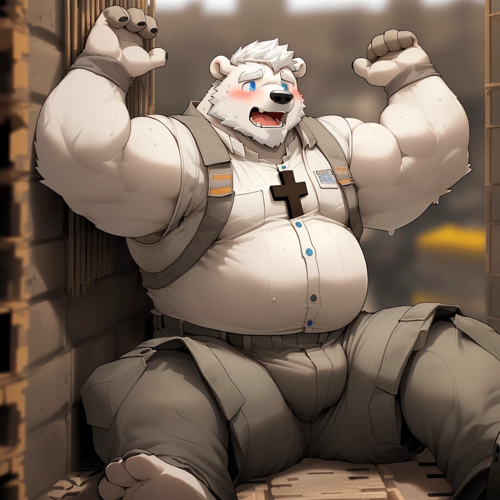 masterpiece, best quality, 8k resolution, Very detailed, hairy，(((polar bear))，(((Mature)))，(((Blue Eyes))，(((beard))),(((Strong)))，(((White hair all over body)))，(((portrait)))，(((White hair)))，(((Construction Site)))，For the audience，(((White vest))),(((Back against the wall)))，(((Open mouth)))，Highest quality scene，(((whole body)))，(((Shameful)))，(((Blushing)))，((( Raise your hands)))，(((sweaty)))，((Fat-enclosed muscle))，(((Round face)))，(((alone)))，(((Strong body)))，(((Hip bulge)))，(((Lifted clothes)))，((sit on the floor))，(((Sitting cross-legged)))，(((Gray cargo pants)))，(((Blurred eyes)))