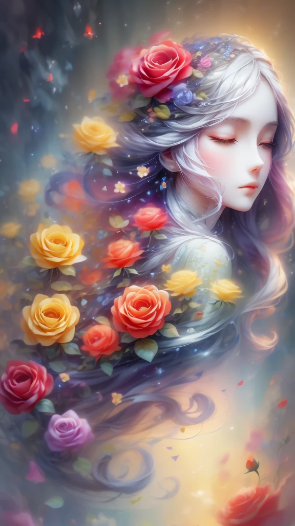 (Side face beauty,Long colored hair,Close your eyes,masterpiece roses),Rainbow background, (illustration:1.2,Paper art:1.2, tangled:1.2, 3d rendering),(best quality, details, masterpiece, Official Art, Lighting Effects, 4K, Chiaroscuro)