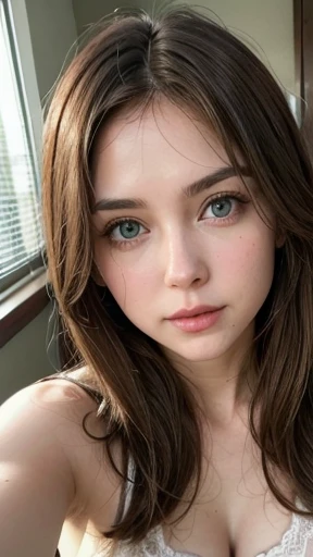 White woman, 35 years old, Brown hair, long hair, Nice hair, Nice face, simetric face, Green eyes, Nice body, bra