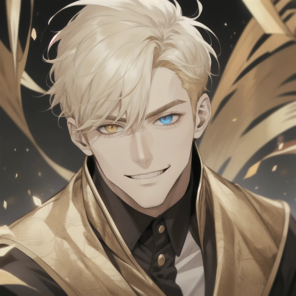 masterpiece, best quality, realistic, 1man, mature man, muscular tall, handsome, smile, closed mouth, portrait, extremely detailed face, (short hair), (golden hair), (heterochromia in eyes), (CEO).