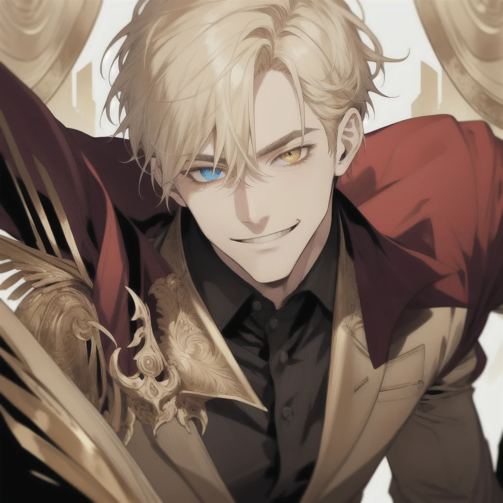 masterpiece, best quality, realistic, 1man, mature man, muscular tall, handsome, smile, closed mouth, portrait, extremely detailed face, (short hair), (golden hair), (heterochromia in eyes), (CEO).
