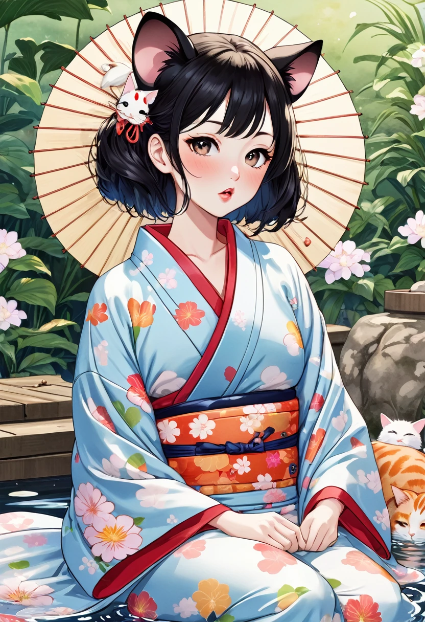 (utamaro style:1.2) , Hallucination, daydream , nightmare , Insane Dream , bokeh , erotica , romance , realistic mouse nymph and realistic cat , yukata , futon , Petals fluttering down , Single eyelids, round nose, swollen cheeks , glossy lips , licking popsicle , Collarbone , Disheveled Hair , Water up to the ankle , Scorching Heat summer