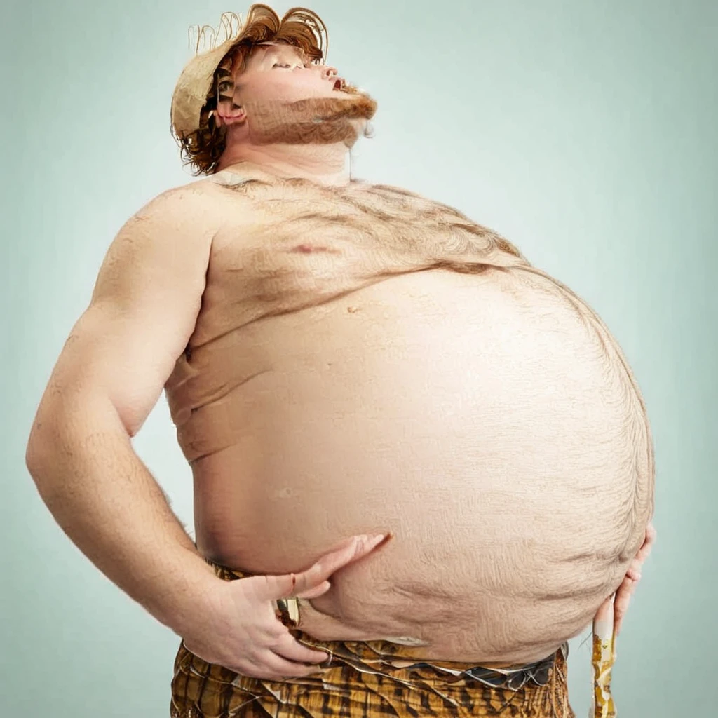 Fat man in small shirt With  
Huge  beer belly
