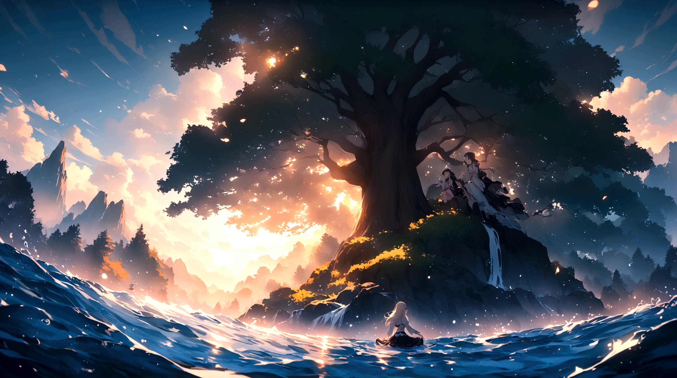 A girl，Elf，Girl sleeping in a tree，茂密的Big Tree，Big Tree，Clear lake water，Morning Sunshine，Long gauze skirt