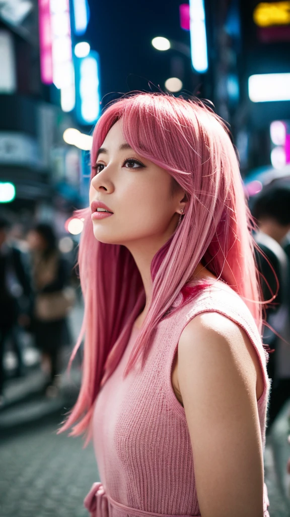 Tokyo, Kabukicho, Long hair blowing in the wind, Pink Hair, High resolution, dress
