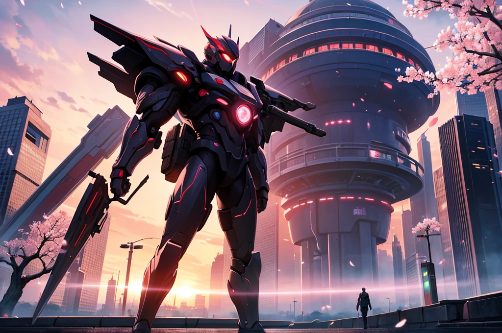 (masterpiece:1.2), best quality, midjourney, no girl, no guy, no humanoid figure, no person just background, japanese futuristic city, sunset with bleeding lights, sakura blossoms floating in the sky
